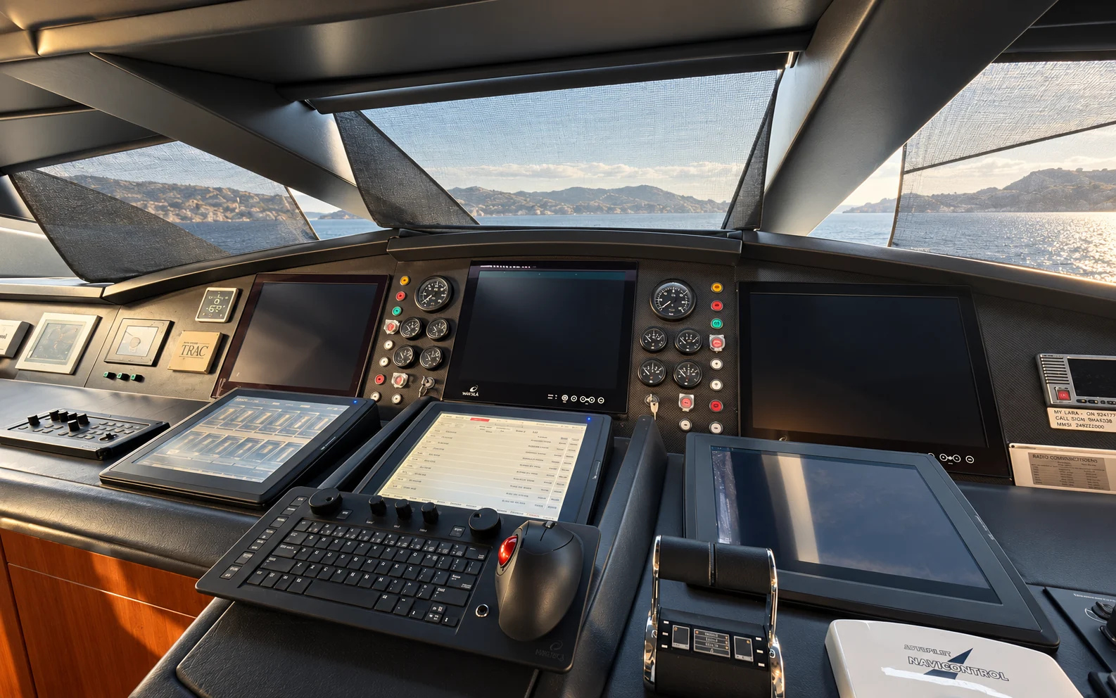 Bridge console with chart displays, engine gauges and the autopilot below the forward windows