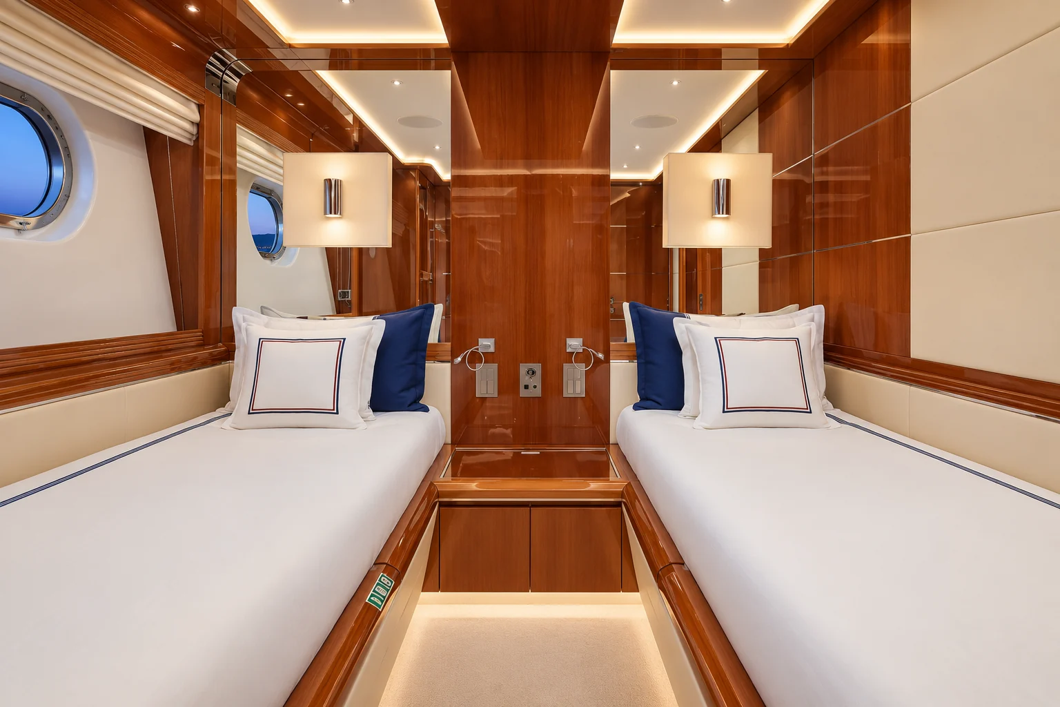Twin cabin with two single beds and portholes