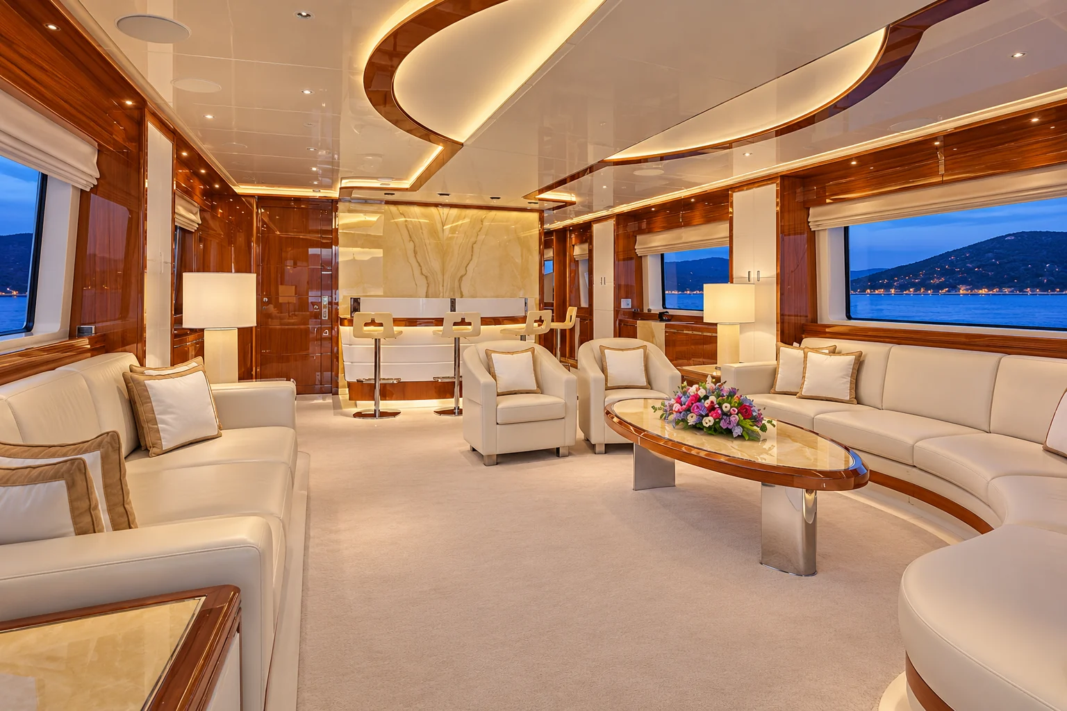 Main saloon with cream leather sofas and the curved bar at the forward end
