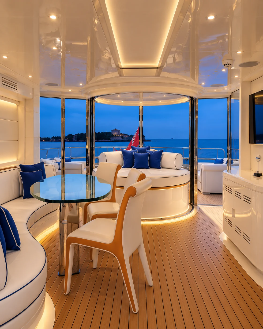 Skylounge seating and glass table, looking aft through open doors to the upper deck dining area