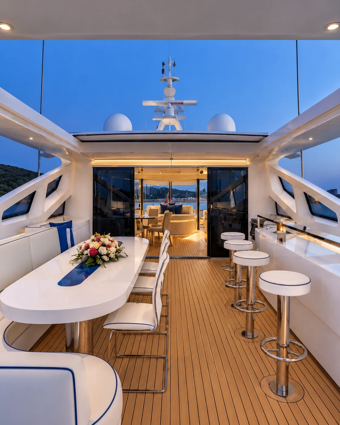 Upper aft deck with dining table and bar, looking forward into the skylounge through open glass doors